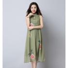 Floral Print Mandarin Collar Midi Sleeveless Dress