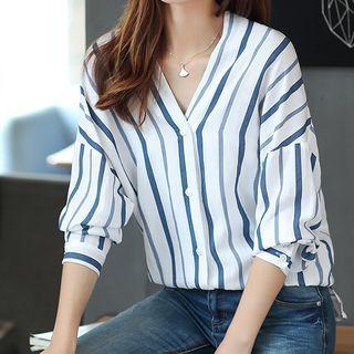 Batwing Sleeve V-neck Striped Shirt