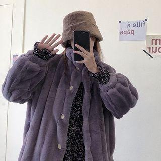 Faux-fur Button Jacket / Floral Long-sleeve Midi A-line Dress