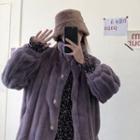 Faux-fur Button Jacket / Floral Long-sleeve Midi A-line Dress