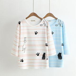 3/4-sleeve Striped Cat Print T-shirt