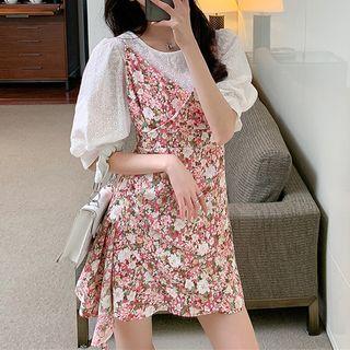 Set: Puff-sleeve Blouse + Spaghetti Strap Floral Mini A-line Dress