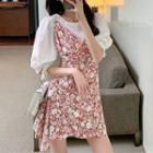 Set: Puff-sleeve Blouse + Spaghetti Strap Floral Mini A-line Dress