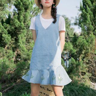 Embroidered Ruffle Hem Dungaree Dress