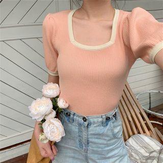Square-neck Puff-sleeve Short-sleeve Knit Top