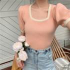 Square-neck Puff-sleeve Short-sleeve Knit Top
