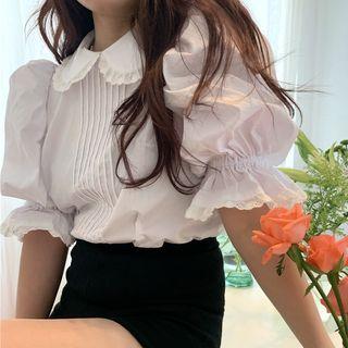 Elbow-sleeve Lace Trim Collar Blouse / High Waist Shorts