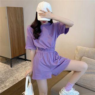 Set: Elbow-sleeve T-shirt + High Waist Wide Leg Shorts