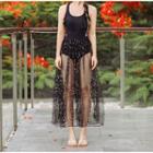Set: Cut-out Swimsuit + Star Pattern Midi Mesh Skirt