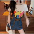 Set: Short-sleeve Print T-shirt + High-waist Denim Hot Pants With Belt