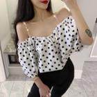 3/4-sleeve Cold-shoulder Dotted Blouse White - One Size