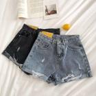 Lettering Print Roll-up High-waist Denim Shorts