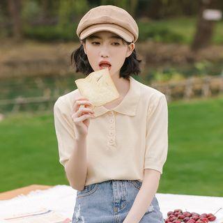 Collared Short-sleeve Knit Top Light Yellow - One Size