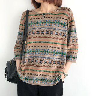3/4-sleeve Floral Print Knit Top