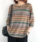 3/4-sleeve Floral Print Knit Top