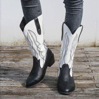 Embroidered Low-heel Mid-calf Boots