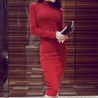Mock-turtleneck Long-sleeve Cut-out Sheath Dress