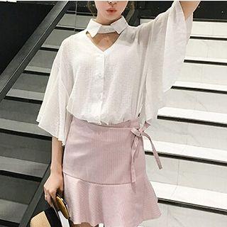 3/4-sleeve Cutout-front Plain Blouse