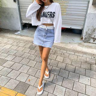 Two-tone Frayed Mini Denim Skirt