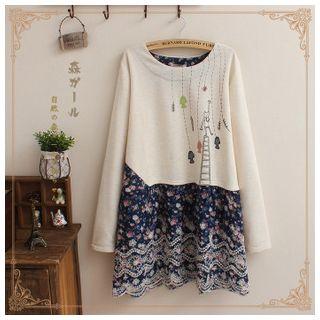 Embroidered Mock Two-piece Long-sleeve Dress