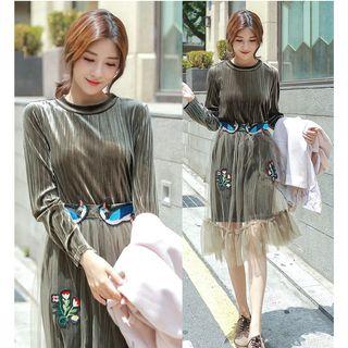 Mesh Panel Midi Long-sleeve T-shirt Dress