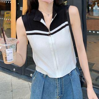 Two-tone Zip-up Knit Tank Top