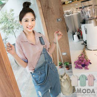 Plaid Fold-sleeve Dipped-hem Top