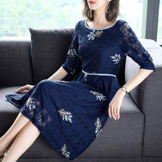 Elbow-sleeve Lace Floral A-line Dress