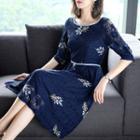 Elbow-sleeve Lace Floral A-line Dress
