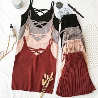 Set: Plain V-neck Camisole Top + Wide-leg Shorts