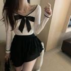 Long-sleeve Bow Cropped Top / Plain Layer A-line Skirt