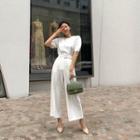 Puff-sleeve Blouse & Belted Dress Pants Set