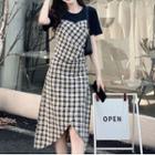 Mock Two Piece Plain Short-sleeve T-shirt Panel Asymmetric Plaid Dress