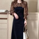 Mock Two-piece Long-sleeve Collar Midi A-line Dress Black - One Size