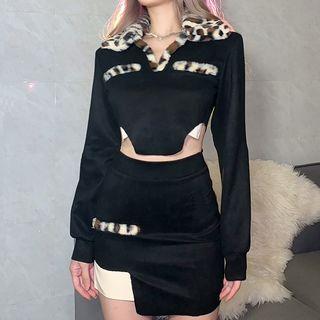 Set: Long-sleeve Fleece Collar Crop Top + Mini Pencil Skirt