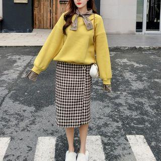 Set: Round Neck Pullover + Plaid Flap Midi Skirt