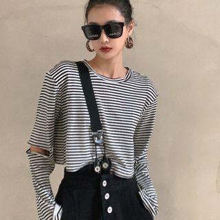 Long-sleeve Cropped Striped Cutout T-shirt