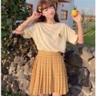 Set: Embroidered Fruit Short-sleeve T-shirt + Plaid Pleated Skirt