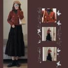 Mock-turtleneck Long-sleeve Top / Shirred Midi A-line Skirt / Floral Cardigan / Set