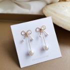 Faux Pearl Alloy Bow Earring 1 Pair - S925 Silver Stud Earrings - White & Gold - One Size