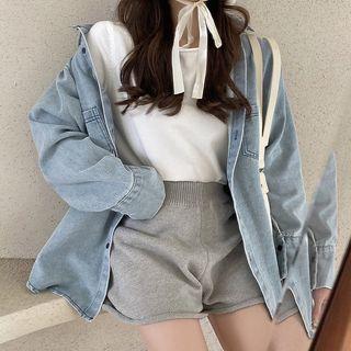 Denim Jacket / Plain Long-sleeve Knit Top / Knit Shorts