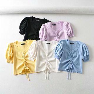 Drawstring Puff-sleeve Cropped Top