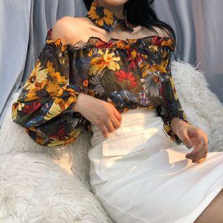 Set: Off Shoulder Floral Blouse + Fitted Skirt