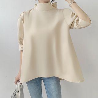 Short-sleeve Plain Ribbon Loose Fit Blouse