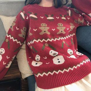 Christmas Print Long Sleeve Knit Top Red - One Size