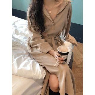 Half-placket Slit-side Long Shirtdress With Sash