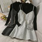 Set: Mock-neck Knit Top + Glitter Checker Sleeveless Dress