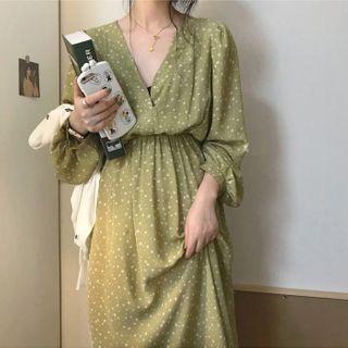 Floral V-neck Long-sleeve Dress Green - One Size