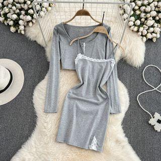 Set: Lace Trim Slipdress + Long Sleeve Crop Top