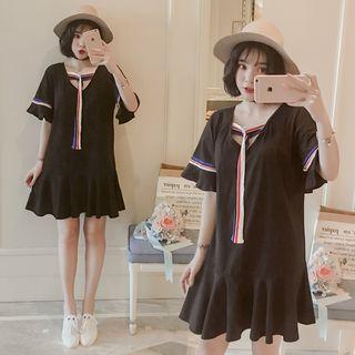 Striped Applique Elbow Sleeve Dress